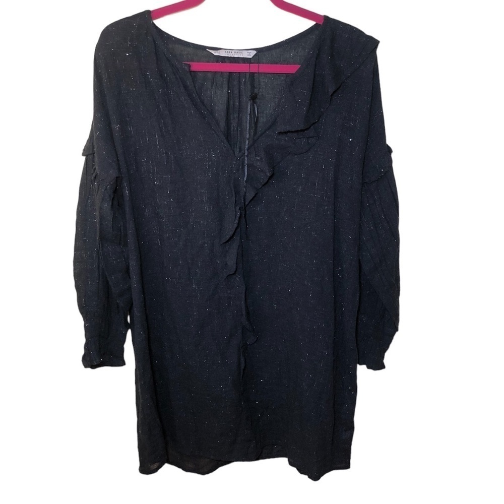 ZARA long sleeve ruffle shift dress black silver metallic size S